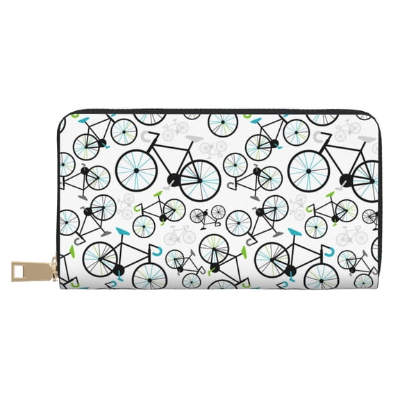 Leather Thin Slim Wallets for Women Men - Bike Pattern Minimalist Clutch Card Wallet for Women Men with Zipper