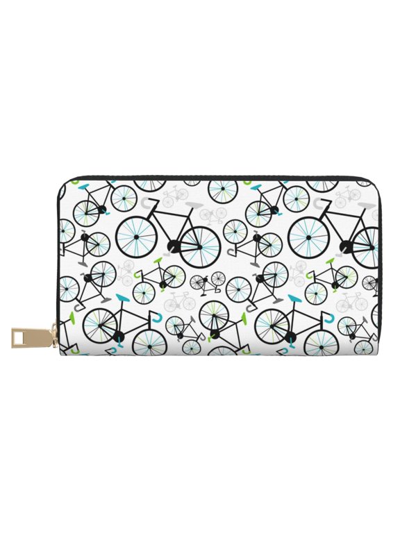Leather Thin Slim Wallets for Women Men - Bike Pattern Minimalist Clutch Card Wallet for Women Men with Zipper