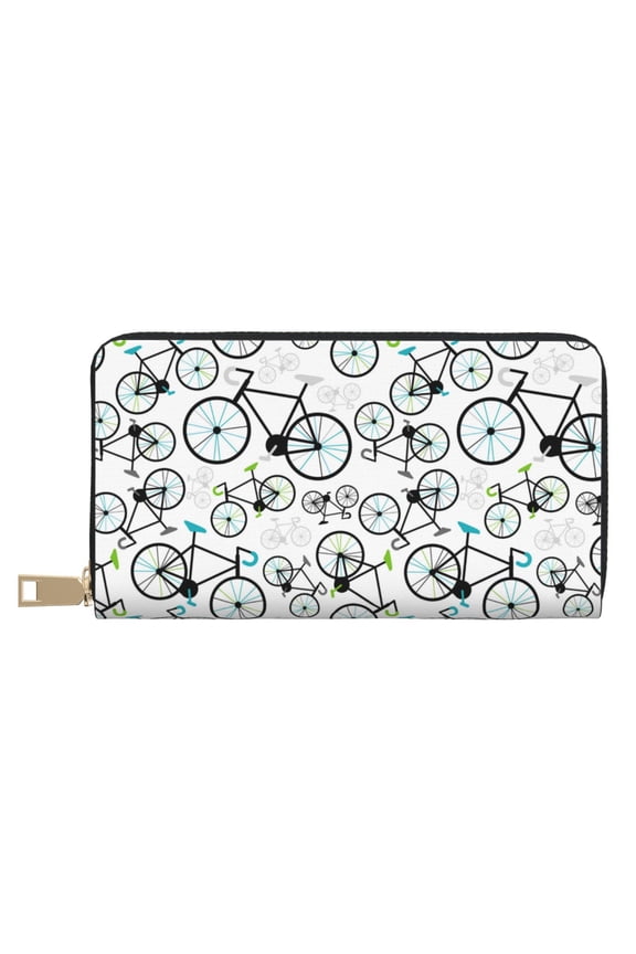 Leather Thin Slim Wallets for Women Men - Bike Pattern Minimalist Clutch Card Wallet for Women Men with Zipper