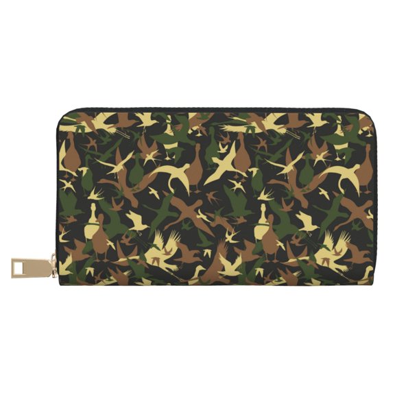 Leather Thin Slim Wallets for Women Men - Birds Green Camouflage Clutch Card Wallet for Women Men with Zipper