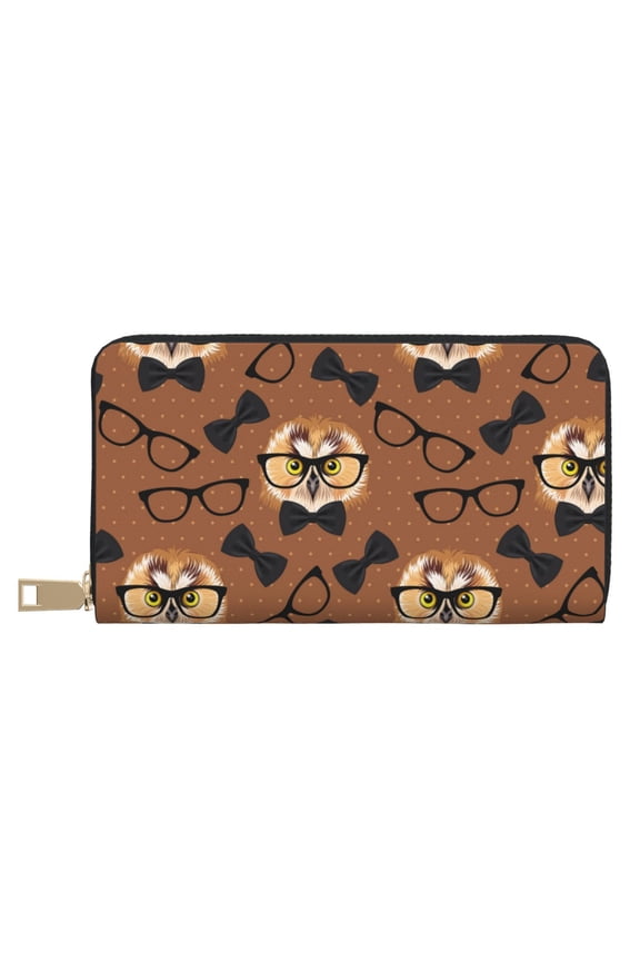 Leather Thin Slim Wallets for Women Men - Black Bow Owl Brown Clutch Card Wallet for Women Men with Zipper