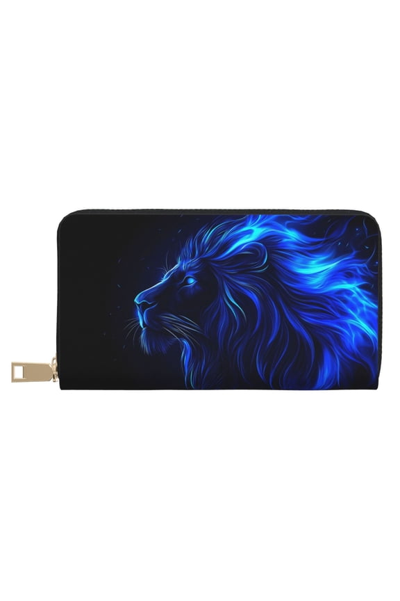 Leather Thin Slim Wallets for Women Men - Black Lion with Blue Flames Clutch Card Wallet for Women Men with Zipper