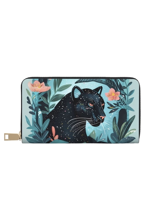 Leather Thin Slim Wallets for Women Men - Black Panther Floral Illustration Clutch Card Wallet for Women Men with Zipper