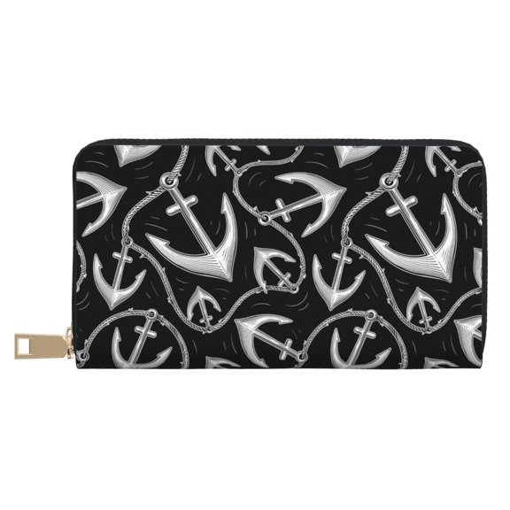 Leather Thin Slim Wallets for Women Men - Black White Anchor cool Clutch Card Wallet for Women Men with Zipper