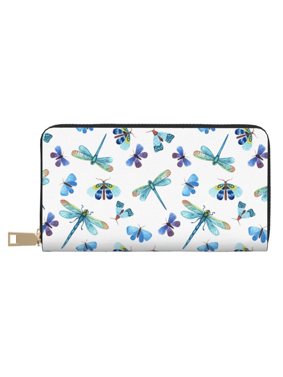 Leather Thin Slim Wallets for Women Men - Blue Dragonfly Moth Butterfly Clutch Card Wallet for Women Men with Zipper