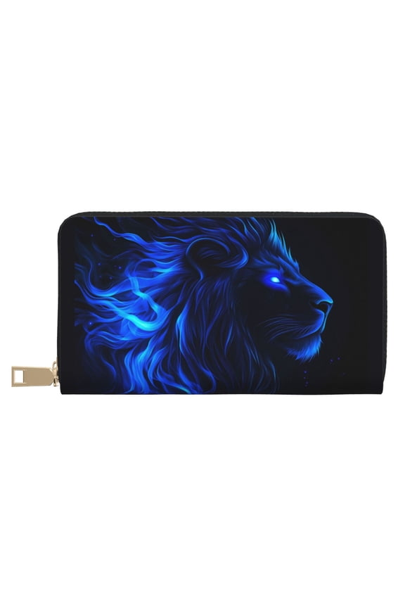 Leather Thin Slim Wallets for Women Men - Blue Fire Lion Clutch Card Wallet for Women Men with Zipper