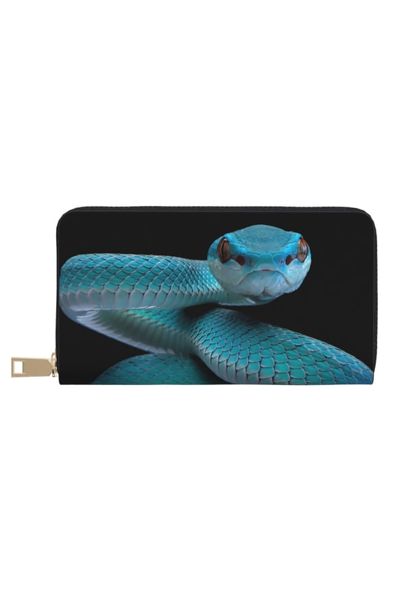 Leather Thin Slim Wallets for Women Men - Blue Viper Snake1 Clutch Card Wallet for Women Men with Zipper