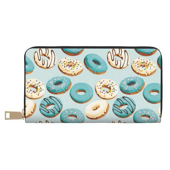 Leather Thin Slim Wallets for Women Men - Blue White Donut Print Clutch Card Wallet for Women Men with Zipper