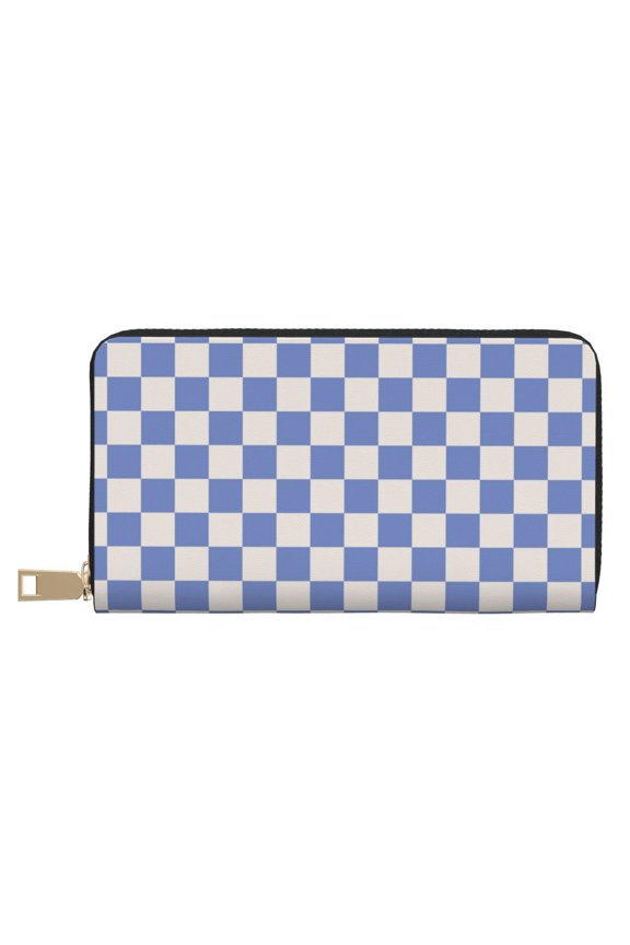 Leather Thin Slim Wallets for Women Men - Blue White Square Plaid Clutch Card Wallet for Women Men with Zipper