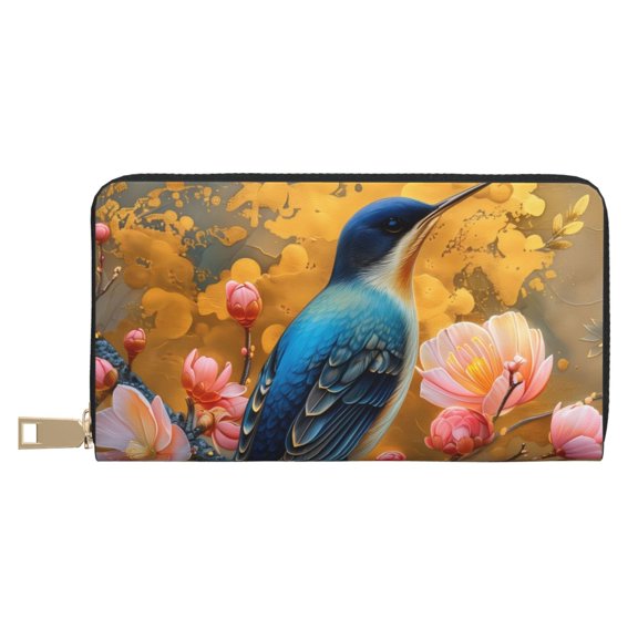 Leather Thin Slim Wallets for Women Men - Bluebird Blossom Elegance Clutch Card Wallet for Women Men with Zipper