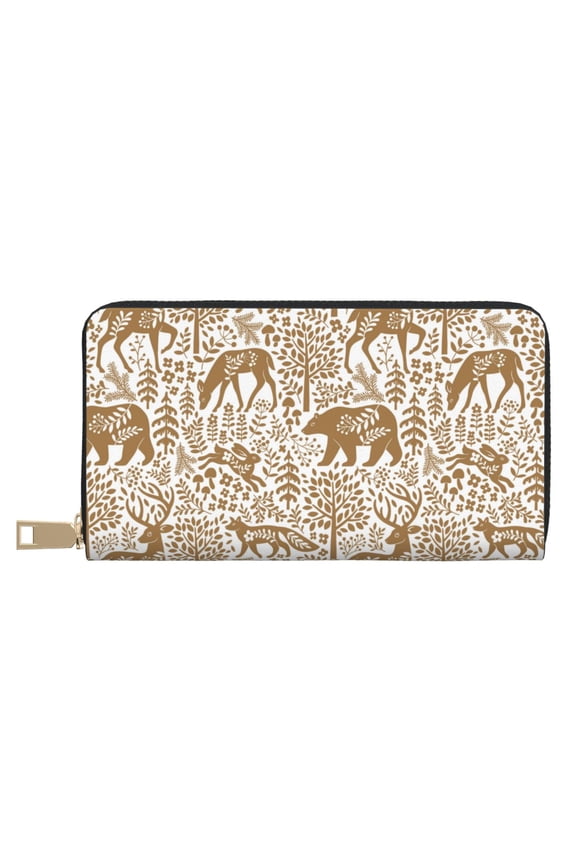 Leather Thin Slim Wallets for Women Men - Bohemian Deer Bear Rabbit Tree_A Clutch Card Wallet for Women Men with Zipper