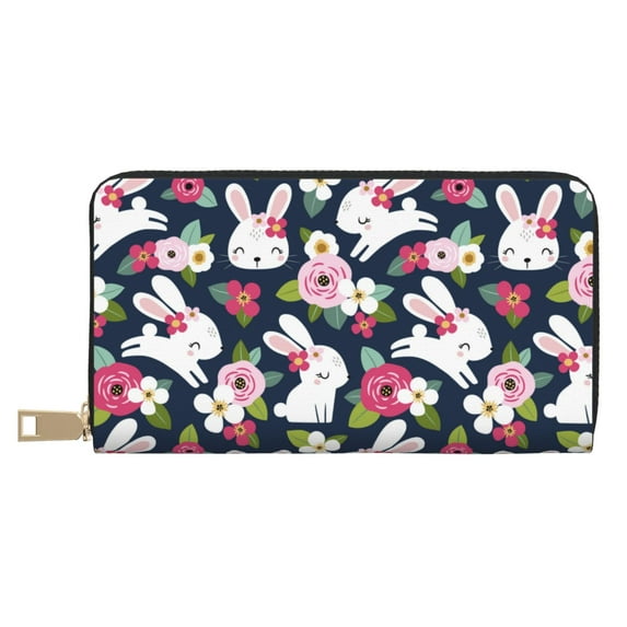 Leather Thin Slim Wallets for Women Men - Bohemian Smile Cute Rabbit Flower Clutch Card Wallet for Women Men with Zipper