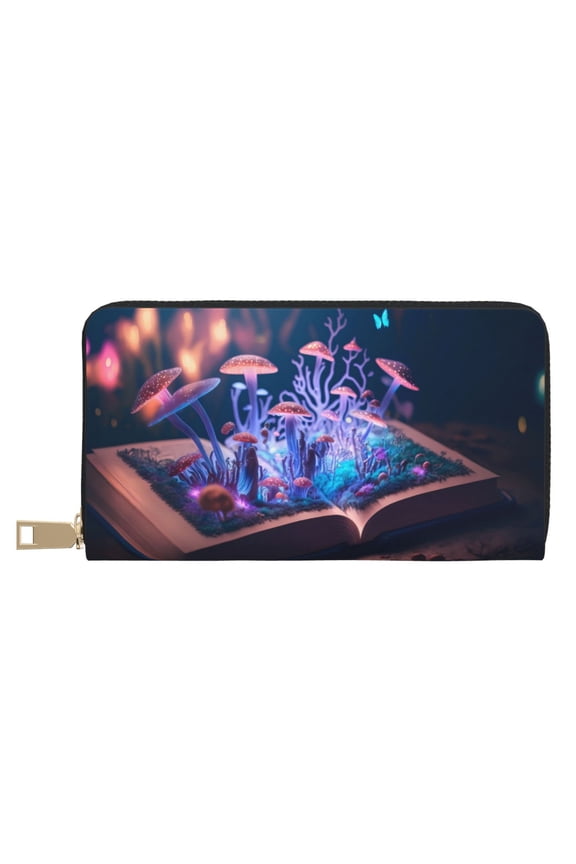 Leather Thin Slim Wallets for Women Men - Book Glowing Mushrooms Clutch Card Wallet for Women Men with Zipper