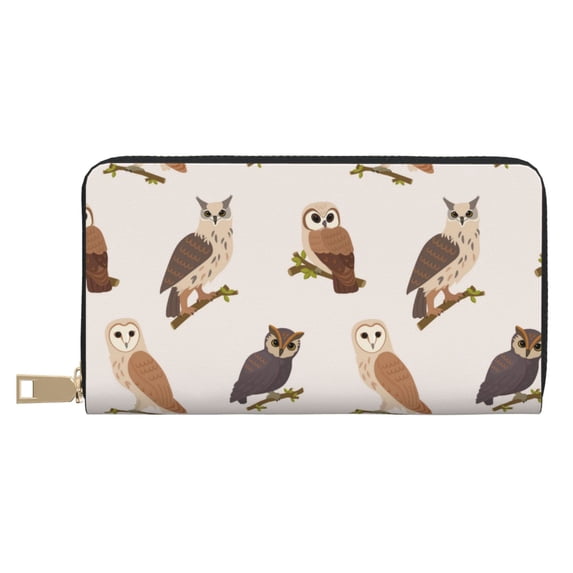 Leather Thin Slim Wallets for Women Men - Branch Owls Clutch Card Wallet for Women Men with Zipper