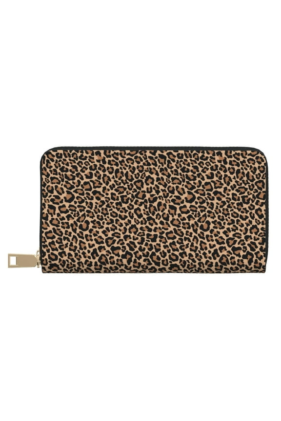 Leather Thin Slim Wallets for Women Men - Brown leopard print A Clutch Card Wallet for Women Men with Zipper