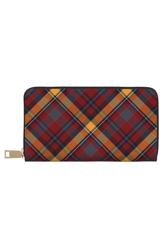 Leather Thin Slim Wallets for Women Men - Buffalo Check Plaid Clutch Card Wallet for Women Men with Zipper