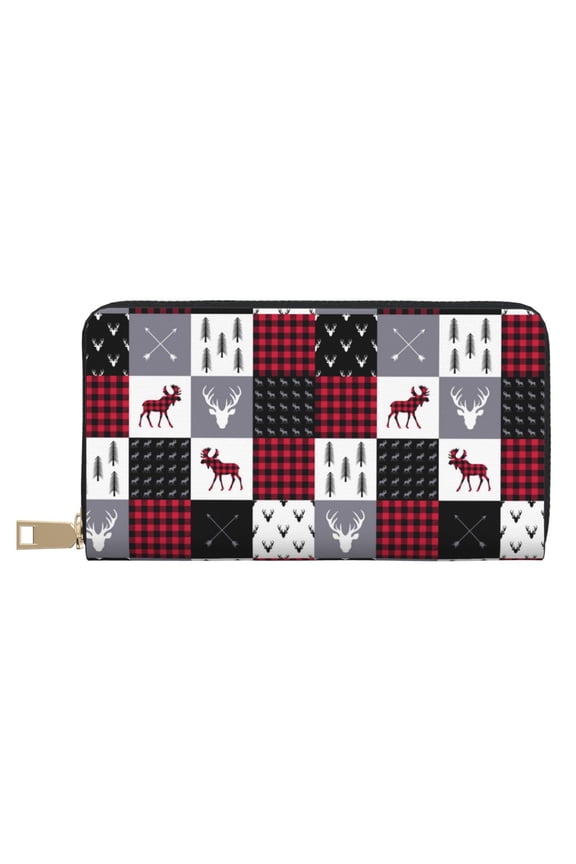 Leather Thin Slim Wallets for Women Men - Buffalo plaid Elk arrows deer moose Clutch Card Wallet for Women Men with Zipper