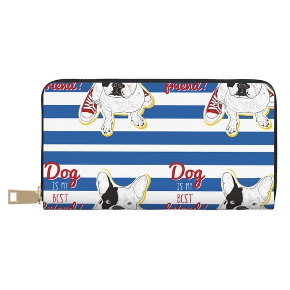 Leather Thin Slim Wallets for Women Men - Bulldog friend Clutch Card Wallet for Women Men with Zipper