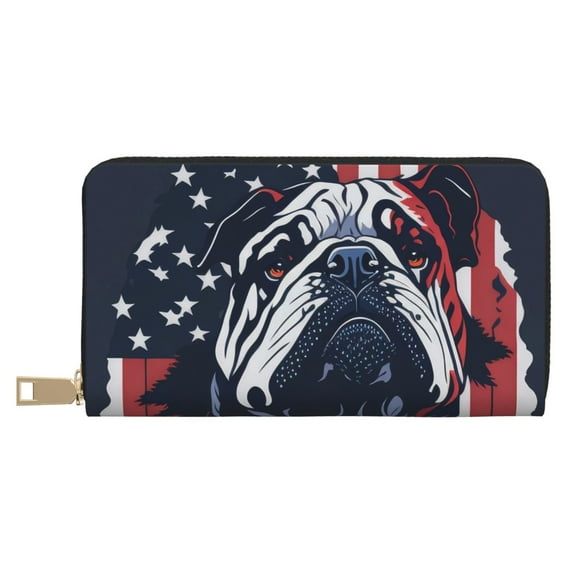Leather Thin Slim Wallets for Women Men - Bulldog with Forest Flag Clutch Card Wallet for Women Men with Zipper