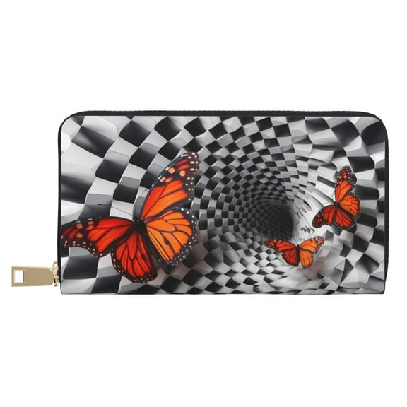 Leather Thin Slim Wallets for Women Men - Butterflies Optical Illusion Clutch Card Wallet for Women Men with Zipper
