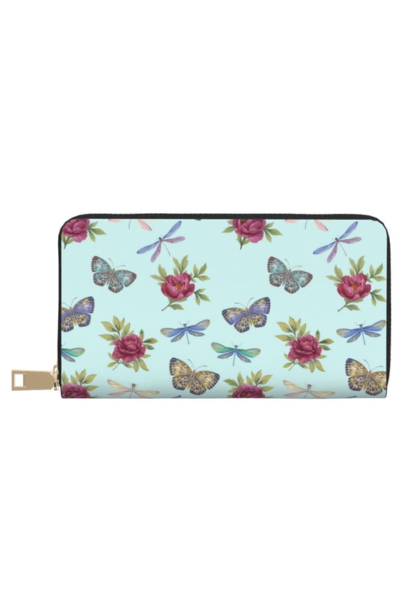 Leather Thin Slim Wallets for Women Men - Butterfly Dragonfly Carnation Clutch Card Wallet for Women Men with Zipper