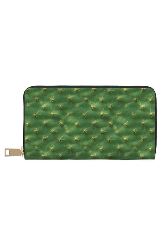 Leather Thin Slim Wallets for Women Men - Cactus Cute V Clutch Card Wallet for Women Men with Zipper