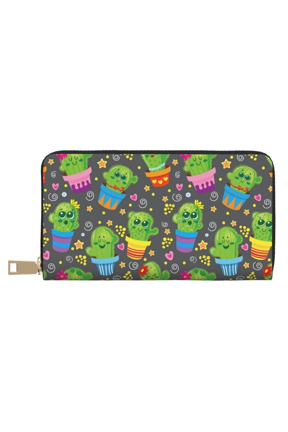 Leather Thin Slim Wallets for Women Men - Cactus In Pots Clutch Card Wallet for Women Men with Zipper