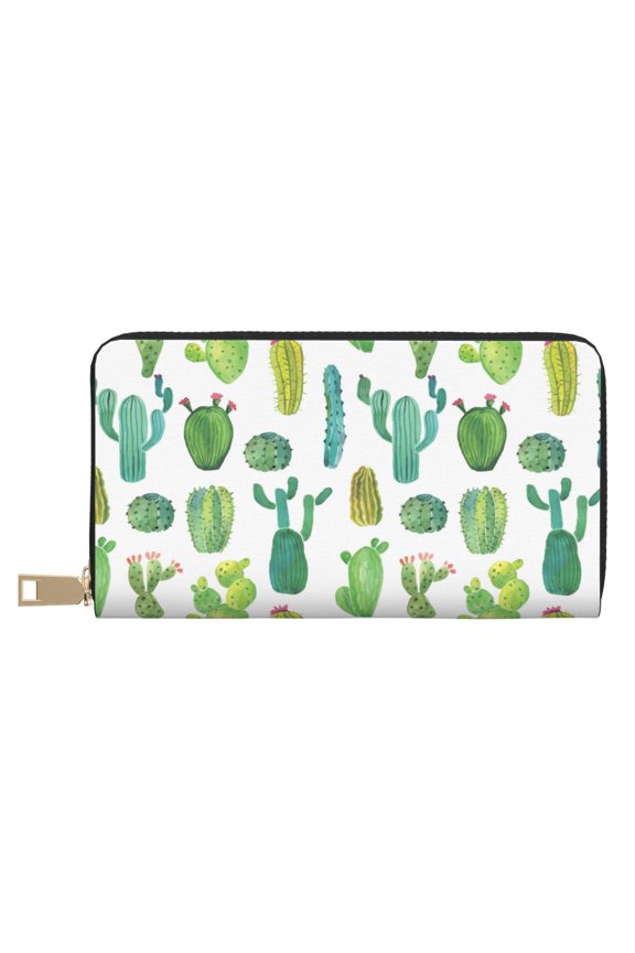 Leather Thin Slim Wallets for Women Men - Cactus Pattern Clutch Card Wallet for Women Men with Zipper