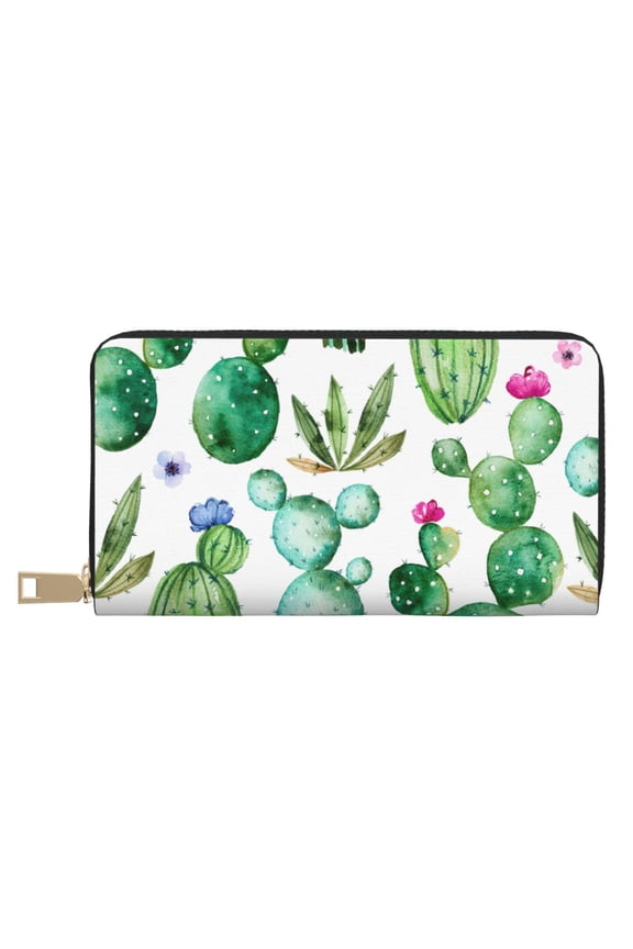 Leather Thin Slim Wallets for Women Men - Cactus Plants1 Clutch Card Wallet for Women Men with Zipper
