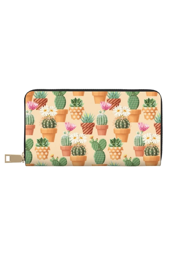Leather Thin Slim Wallets for Women Men - Cactus blooming potted plant Clutch Card Wallet for Women Men with Zipper
