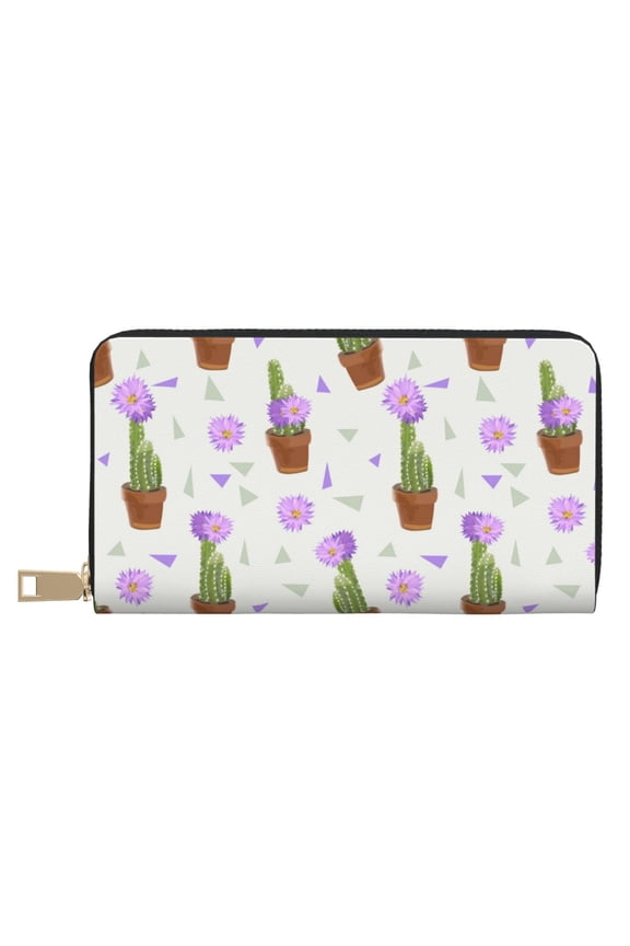 Leather Thin Slim Wallets for Women Men - Cactus blooming purple Clutch Card Wallet for Women Men with Zipper