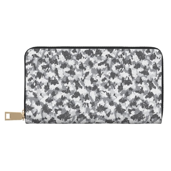 Leather Thin Slim Wallets for Women Men - Camouflage Grey Clutch Card Wallet for Women Men with Zipper
