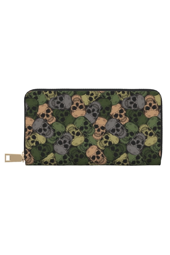 Leather Thin Slim Wallets for Women Men - Camouflage Skulls Clutch Card Wallet for Women Men with Zipper