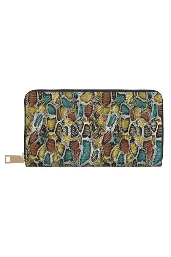 Leather Thin Slim Wallets for Women Men - Camouflage snake Print Clutch Card Wallet for Women Men with Zipper