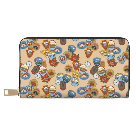 Leather Thin Slim Wallets for Women Men - Camp Badge Clutch Card Wallet for Women Men with Zipper