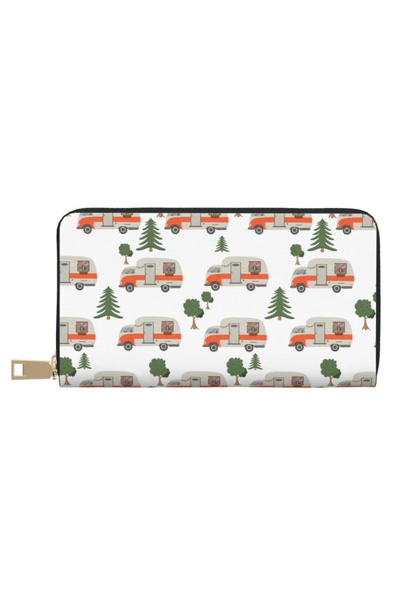 Leather Thin Slim Wallets for Women Men - Camp Van Clutch Card Wallet for Women Men with Zipper