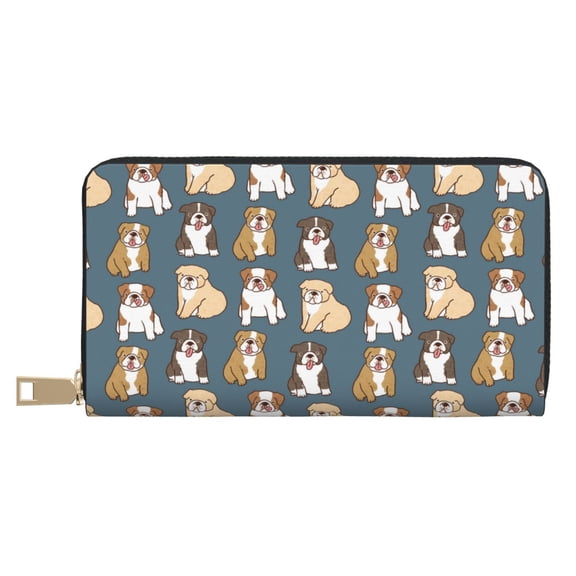 Leather Thin Slim Wallets for Women Men - Cartoon Bulldog 1 Clutch Card Wallet for Women Men with Zipper