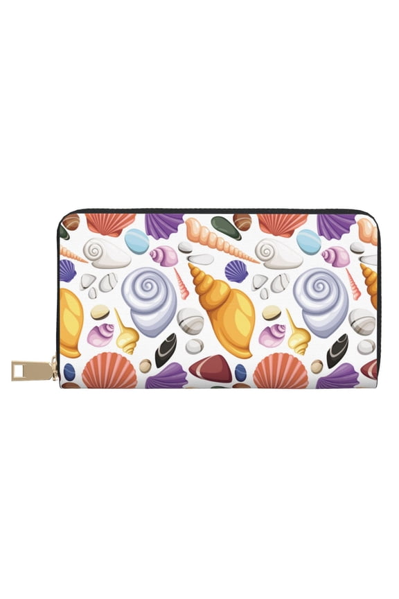 Leather Thin Slim Wallets for Women Men - Cartoon Conch Shell Clutch Card Wallet for Women Men with Zipper