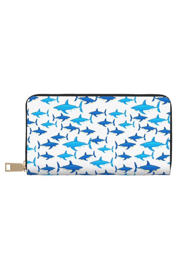 Leather Thin Slim Wallets for Women Men - Cartoon Cool Shark Blue_A Clutch Card Wallet for Women Men with Zipper