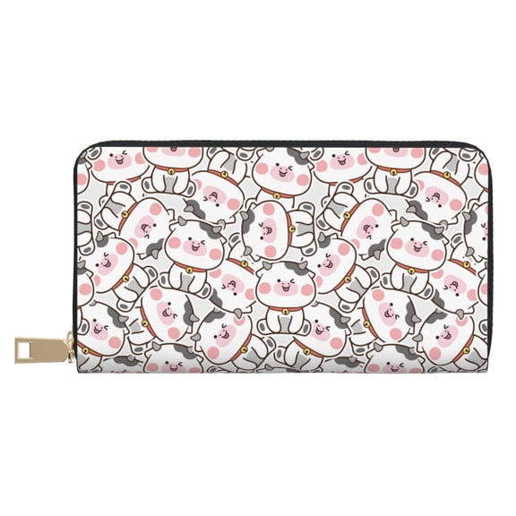 Leather Thin Slim Wallets for Women Men - Cartoon Cow Clutch Card Wallet for Women Men with Zipper