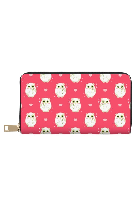 Leather Thin Slim Wallets for Women Men - Cartoon Cute Hamster Rose Red Clutch Card Wallet for Women Men with Zipper