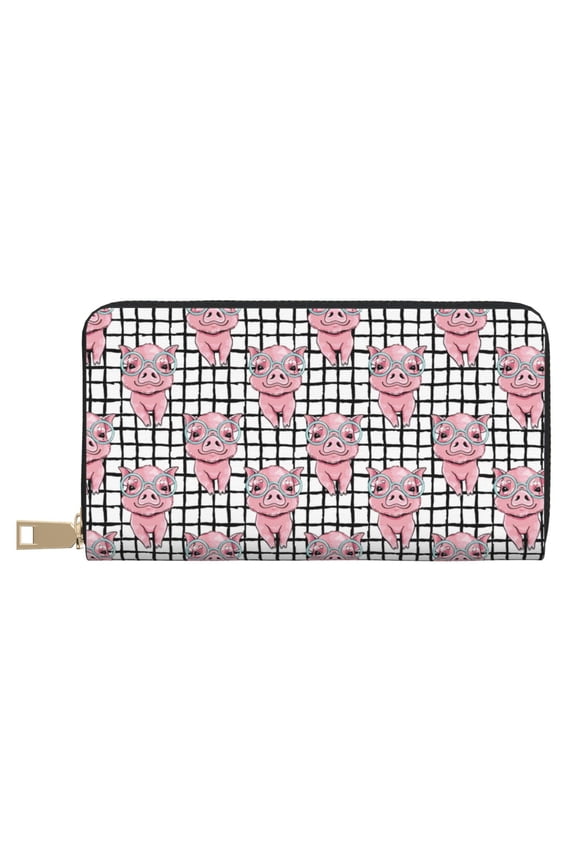 Leather Thin Slim Wallets for Women Men - Cartoon Cute Pig with Glasses Clutch Card Wallet for Women Men with Zipper
