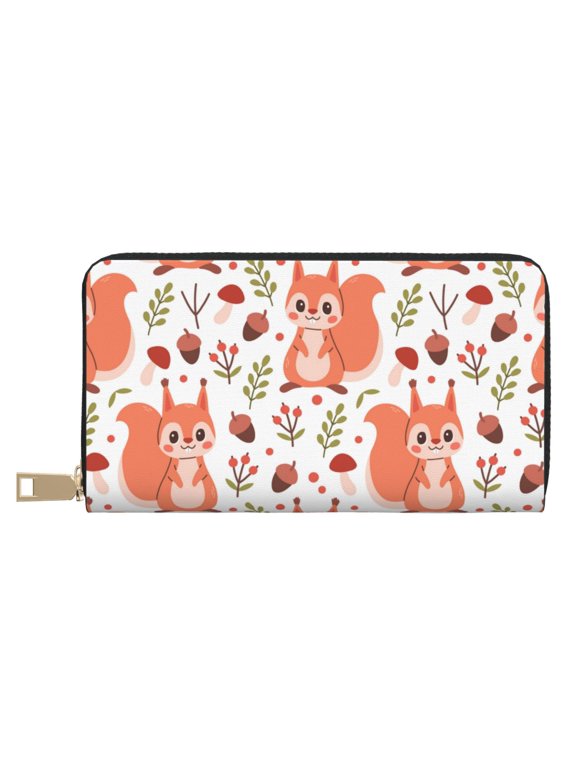 Leather Thin Slim Wallets for Women Men - Cartoon Cute Squirrel Pine Cone_B Clutch Card Wallet for Women Men with Zipper