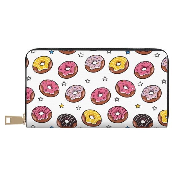 Leather Thin Slim Wallets for Women Men - Cartoon Donut Star Print Clutch Card Wallet for Women Men with Zipper