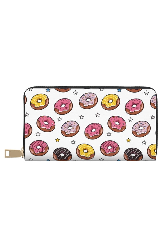 Leather Thin Slim Wallets for Women Men - Cartoon Donut Star Print Clutch Card Wallet for Women Men with Zipper