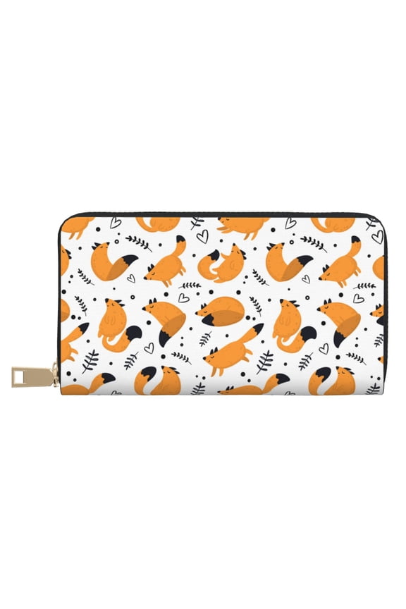 Leather Thin Slim Wallets for Women Men - Cartoon Fox Print Clutch Card Wallet for Women Men with Zipper
