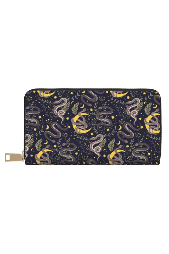 Leather Thin Slim Wallets for Women Men - Cartoon Funny Snake Moon Leaf Clutch Card Wallet for Women Men with Zipper