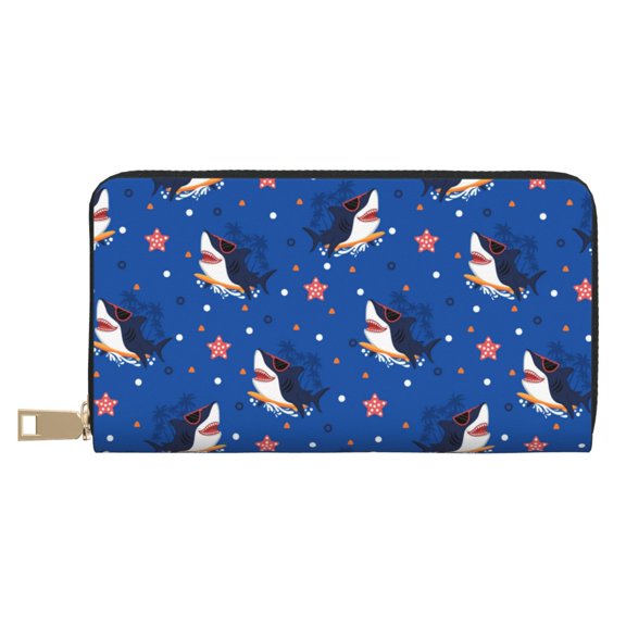 Leather Thin Slim Wallets for Women Men - Cartoon Happy Glasses Cute Shark Clutch Card Wallet for Women Men with Zipper