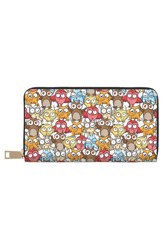 Leather Thin Slim Wallets for Women Men - Cartoon Owls 1 Clutch Card Wallet for Women Men with Zipper