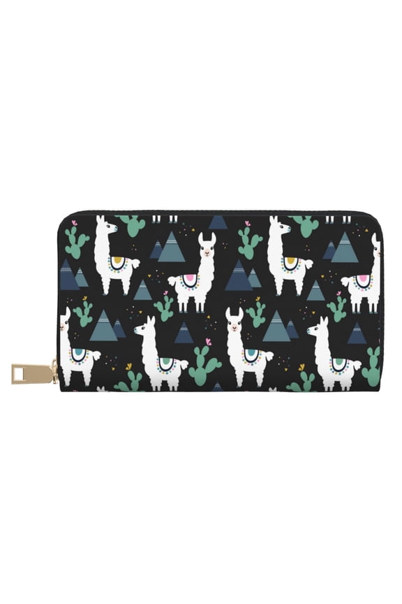 Leather Thin Slim Wallets for Women Men - Cartoon Pyramid Cute Alpaca Cactus Clutch Card Wallet for Women Men with Zipper